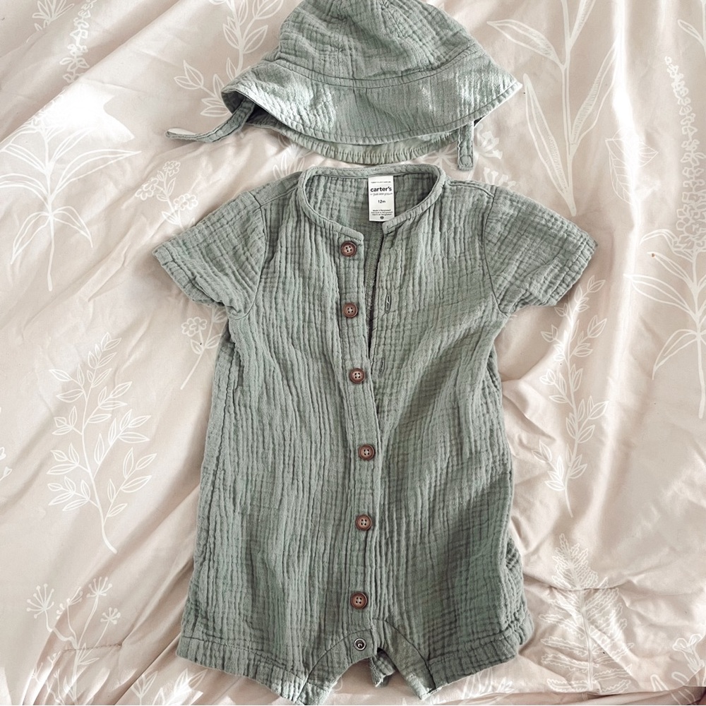 carters sage green baby romper and matching hat